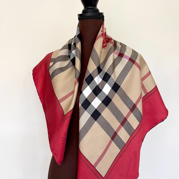 NWT Burberry Scarf House Check Beige Red Border Silk Wrap - Picture 6 of 16